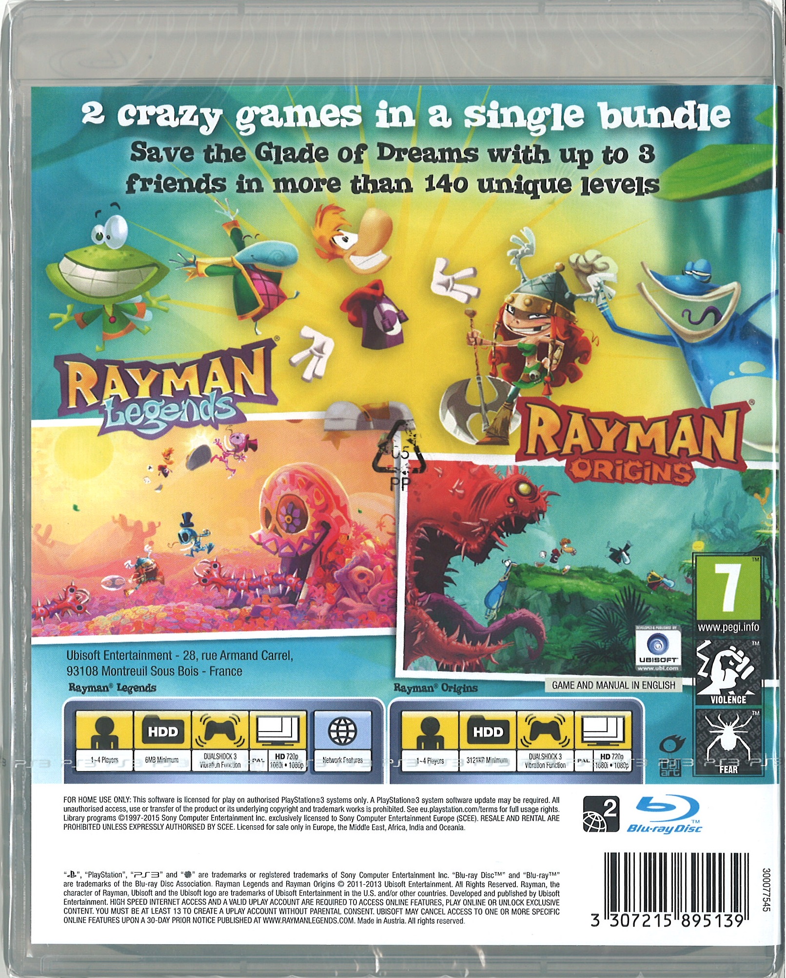 PS3 Rayman Legends + Rayman Origins Double Pack Nip PLAYSTATION 3